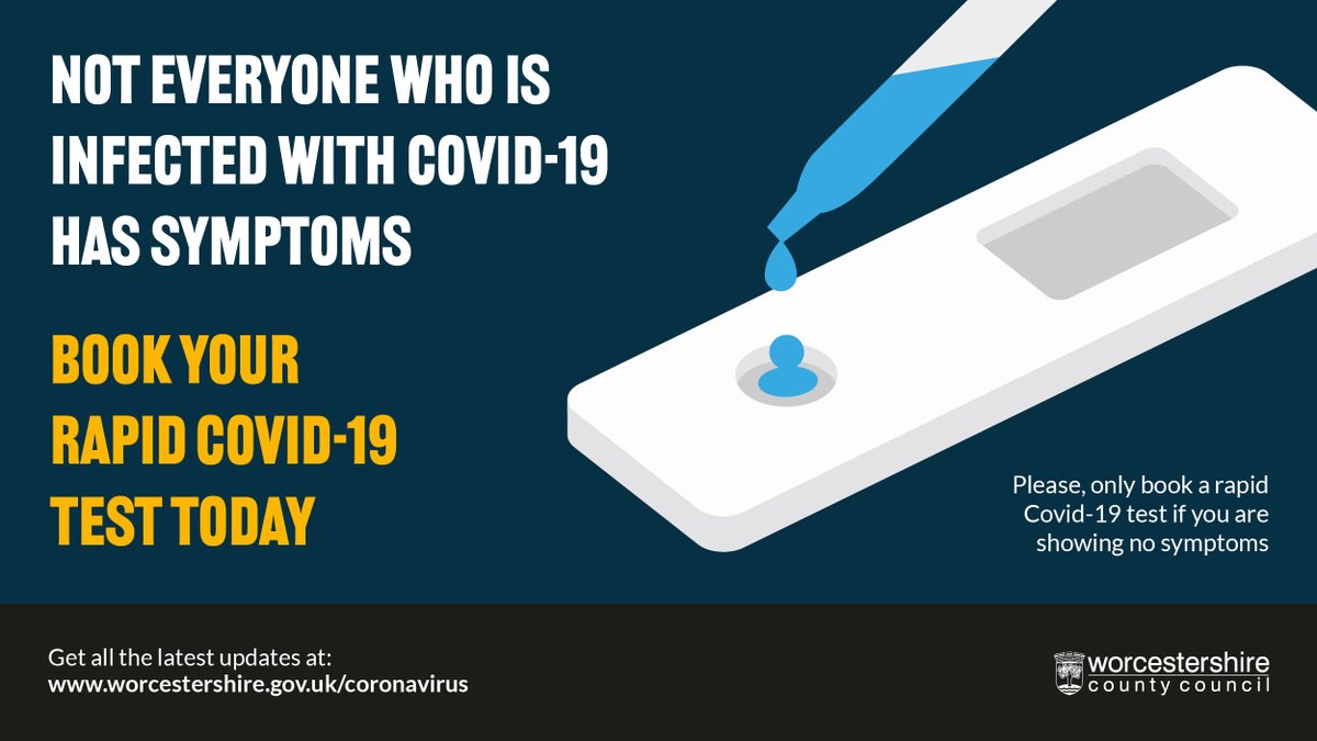 Free rapid Covid-19 testing is available across Worcestershire. 

Tests are for those without symptoms and will help identify asymptomatic cases of the virus. 🦠 

👩‍⚕‍Mass sites = Walk-ins &amp; appointments 
🏥Pharmacies = Appointments only 
☑️Book here: bit.ly/WCCLFTBooking