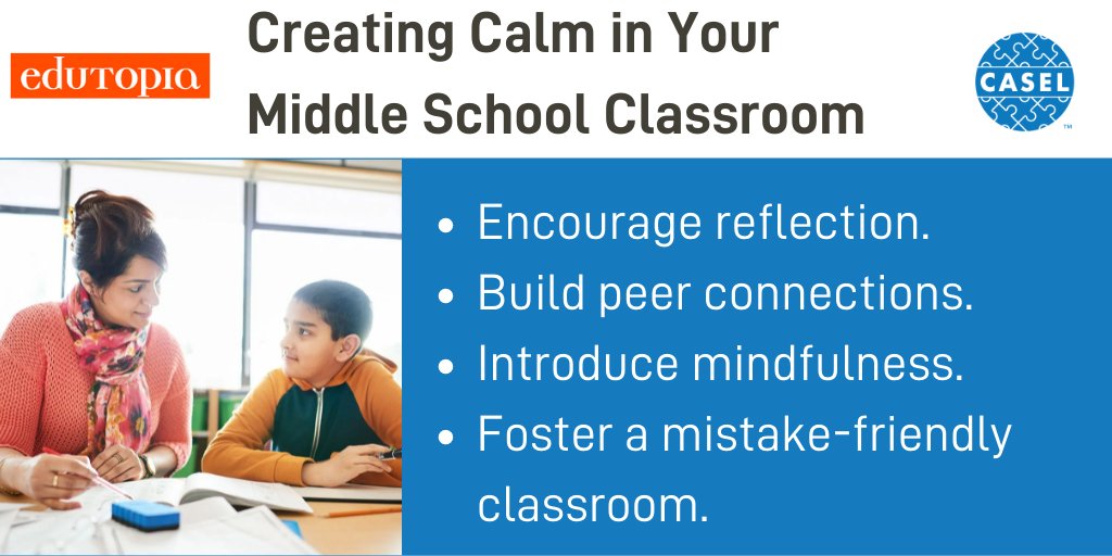 Young teens need help coping with the stress &amp; anxiety of the middle grades. This article from <a href="/Edutopia/">edutopia</a> outlines how teachers can help with #SEL-aligned practices. edut.to/30L4qk8

Checklist of SEL “Look-fors” in the classroom: bit.ly/3pJXOMQ