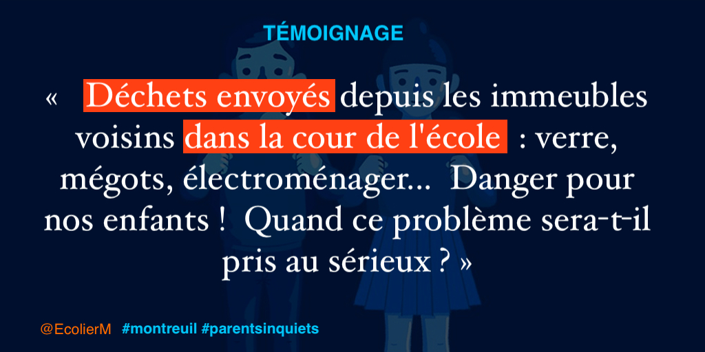 EcolierM's tweet photo. ✏️ Témoignage #ecole @montreuil 

" Déchets envoyés depuis les immeubles voisins dans la cour de l'école  : verre, mégots, électroménager...  Danger pour nos enfants !  Quand ce problème sera-t-il pris au sérieux ? "

@PatriceBessac #parentsinquiets https://t.co/Bfnd3M13YH