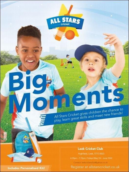 LeekCricketClub's tweet photo. We will be running the All Stars Cricket initiative again this year.

For 8 weeks on Friday evenings from 7th May.

AN initiative from @ECB_cricket aimed at providing children aged 5 to 8 with a great first experience in cricket.

Sign up in the link below (2nd tweet) https://t.co/0f35b0kXkn