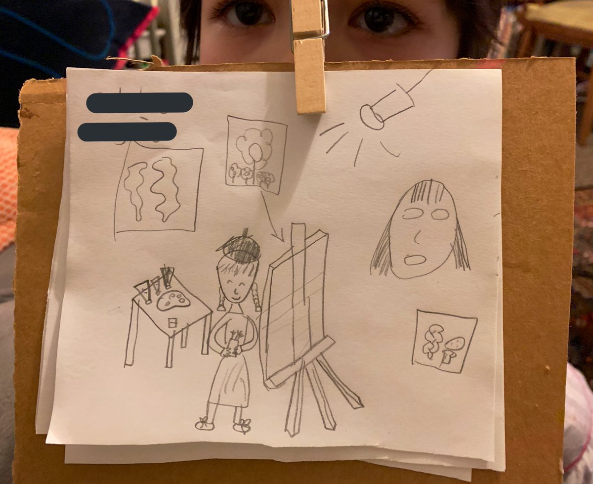 食後に娘と遊んでたら「これ、あなたのスタジオとあなた。」と、私のスタジオ(作業場)を絵に描いてくれた。なかなかの記憶力と再現度。顔はマスクの作品、右下はパンの絵だって。娘は私のことを「あなた」と呼ぶ。#ロンドン育児日記 