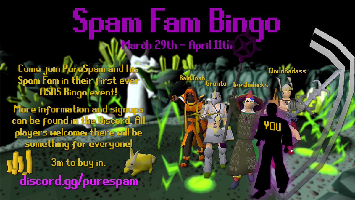 ianspam's tweet photo. Announcing my first community BINGO!

All info in https://t.co/D88YI1V8p5

3M buy-in, signups until just before event begins March 29th-April 11th and captains will pick teams! There will be something for everyone!

Huge ty @leeshalocks and Cloud for being the event organisers! https://t.co/KuVmMm8mOW