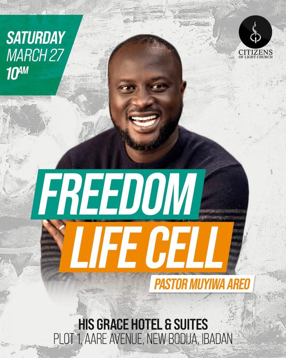 Clc_Ibadan's tweet photo. FREEDOM LIFE CELL holds this SATURDAY, 27TH OF MARCH, 2021. 

PASTOR MUYIWA AREO will be live in ibadan to connect with you and yours.

Venue: HIS GRACE HOTEL AND SUITES, PLOT 1 AARE AVENUE NEW BODIJA, IBADAN.

Time: 10:00am

Contact: 08025762203

WELCOME TO FREEDOM!!! https://t.co/6cIAVdXitH