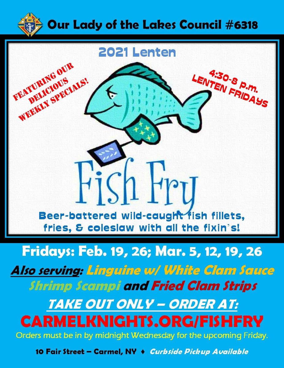 AnnCarra's tweet photo. https://t.co/HmiIbVLC3u

Orders must be received by midnight on Wednesday. 

#Carmel
#CarmelNY
#FishFry
#LentenFishFry
#PutnamCounty
#KofC
#KnightsOfColumbus https://t.co/RRrddF6wsi