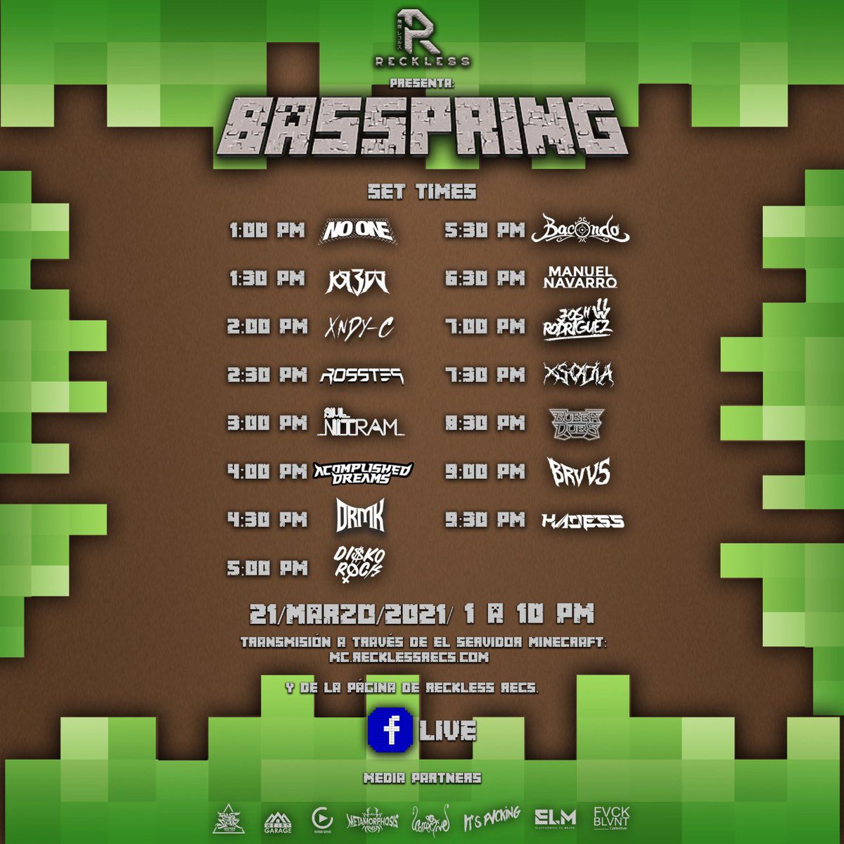 RecklessRecsMx's tweet photo. Recuerden reckless ppl que HOY en un rato más comienza nuestro BASS SPRING 2021 (Online) a través de nuestra página de fb: https://t.co/hTEa9kui3X o de nuestro servidor dentro del juego de #Minecraft : https://t.co/FNb0UvXxLd ⬅️👾🕹. https://t.co/j4fGoxSfOA
