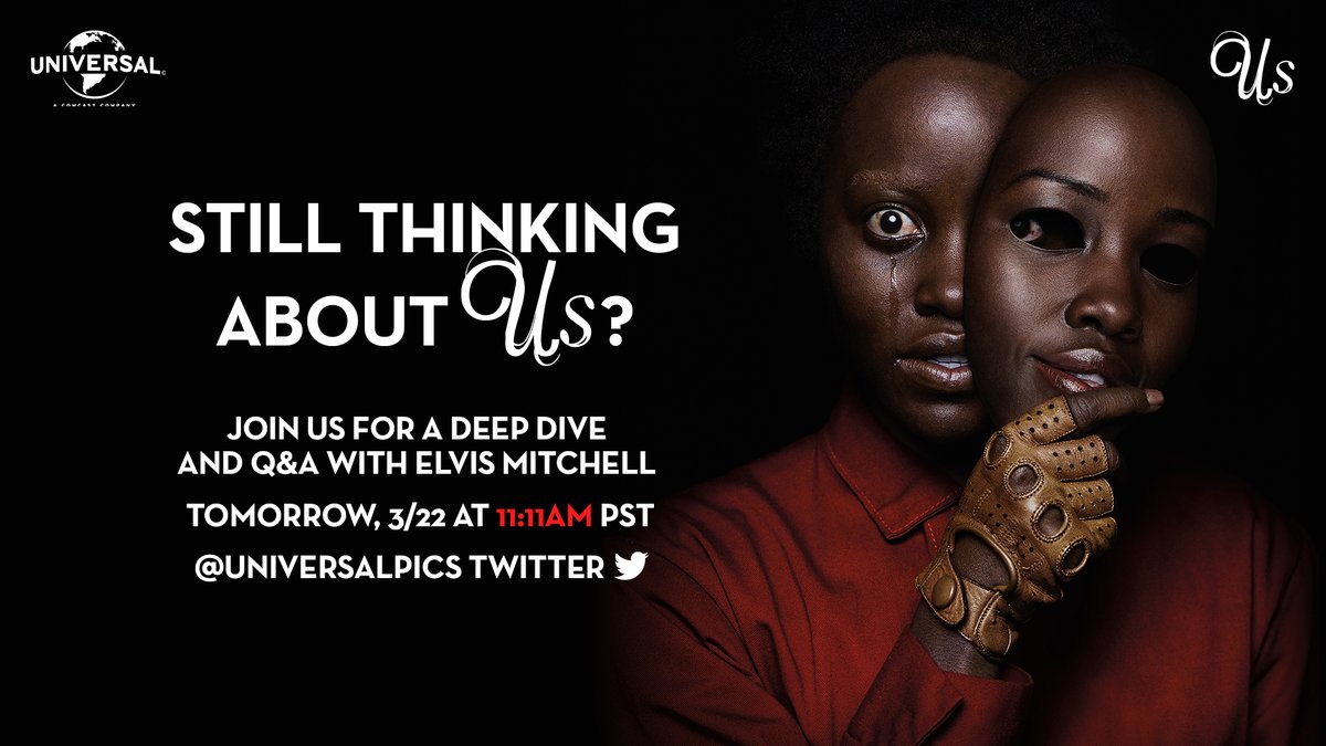 Universal Pictures (@universalpics) on Twitter photo Tomorrow is the anniversary of Us and we’re still thinking about 🐇 and ✂️.
Join us tomorrow as film critic <a href="/ElvisMitchell/">Elvis Mitchell</a> takes over our Twitter account to talk about the film and take your questions. Have any questions or Us theories? Tweet them using #Talk2Us. 👇 Tomorrow is the anniversary of Us and we’re still thinking about 🐇 and ✂️.
Join us tomorrow as film critic <a href="/ElvisMitchell/">Elvis Mitchell</a> takes over our Twitter account to talk about the film and take your questions. Have any questions or Us theories? Tweet them using #Talk2Us. 👇