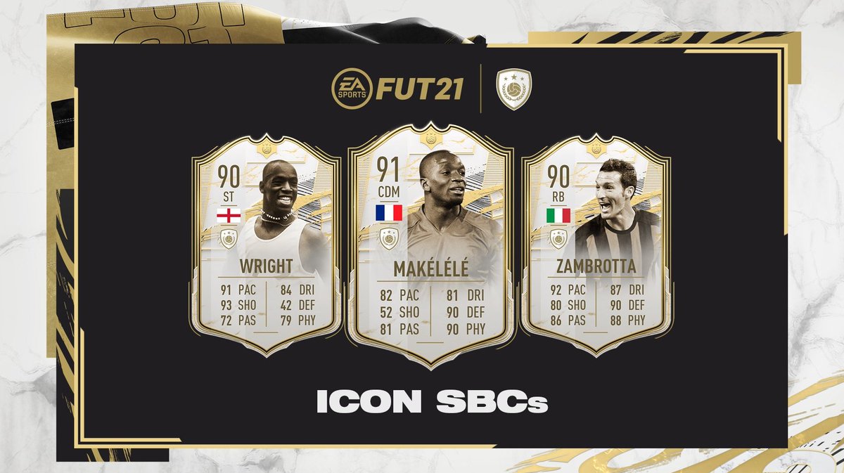 NepentheZ's tweet photo. 3 New Icons!

- Wright (500k~)
- Zambrotta (1.3m~)
- Makelele (1.2m~)

Are you going to pick up any of these SBCs?!

#FIFA21 #FUT21 https://t.co/ym0W7CQ2Za