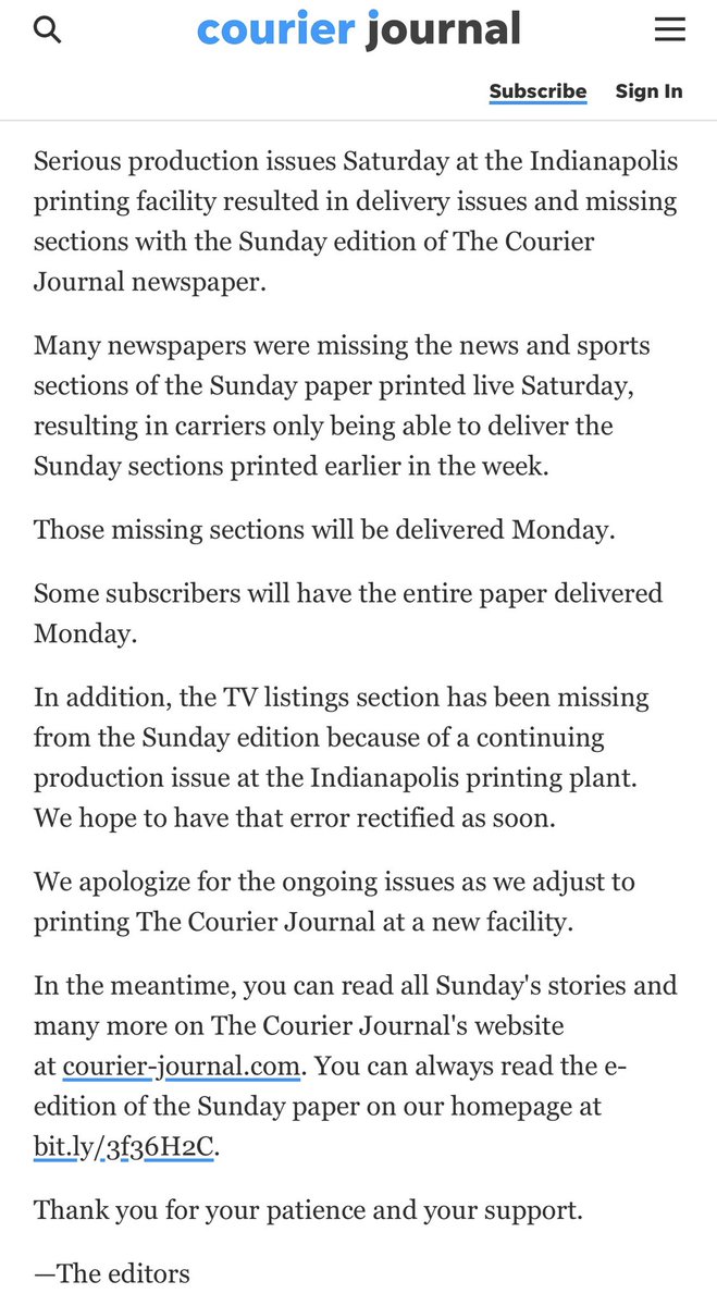 terrymeiners's tweet photo. The @courierjournal has now released a statement regarding the Indianapolis printing malfunctions. #loumedia #contractprinting https://t.co/6gzkYtxHdK