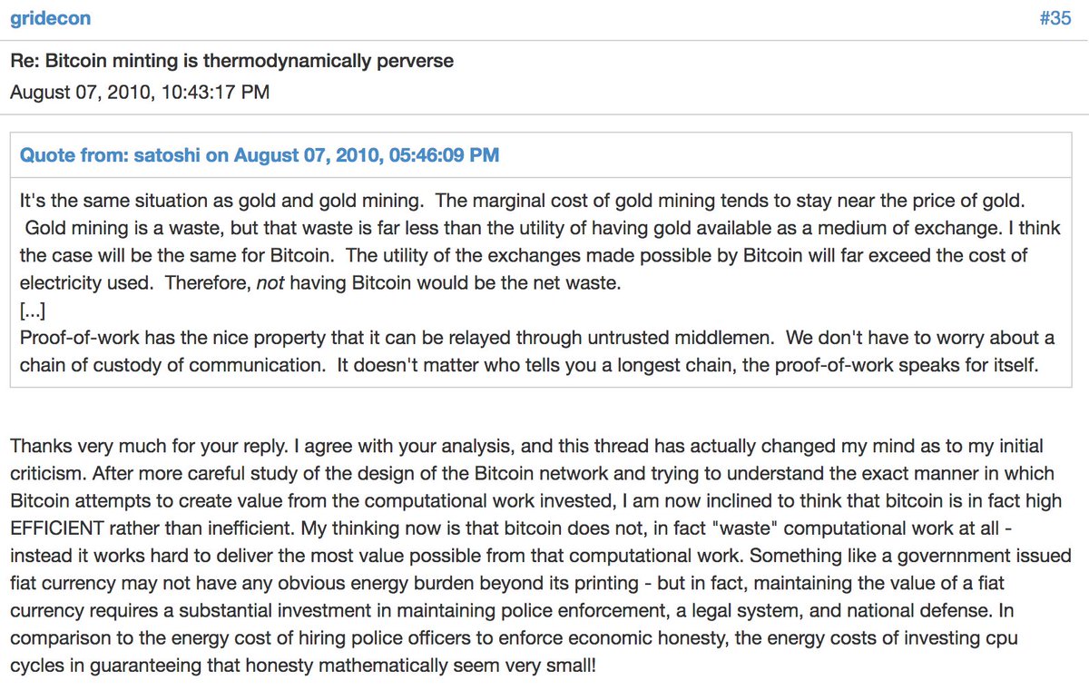 DocumentingBTC's tweet photo. Satoshi Nakamoto changing someone's mind about the energy consumption of #Bitcoin in 2010. Give it a read!

"𝘕𝘰𝘵 having Bitcoin would be the net waste. https://t.co/1SFZRA5IPe