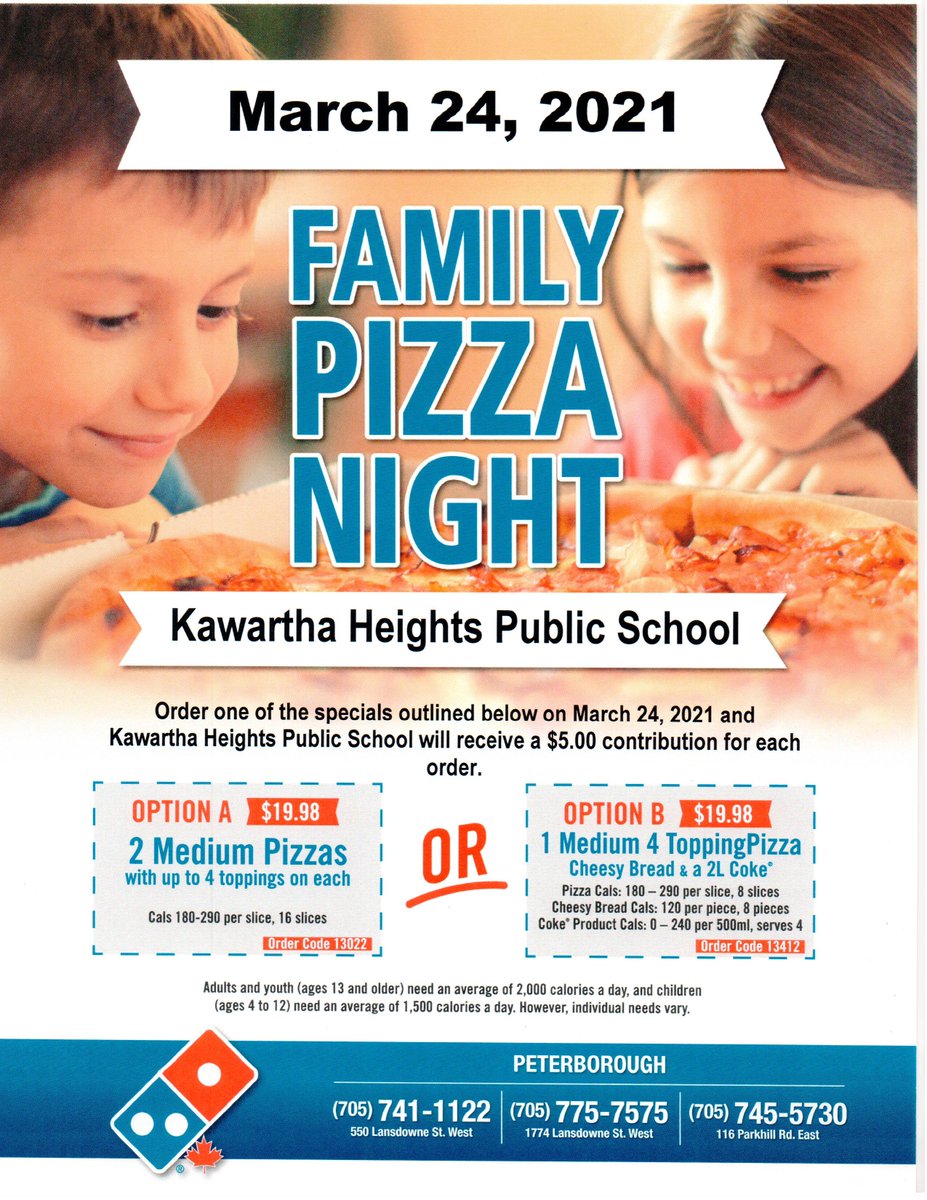 While you're thinking of your weekly menu, give yourself a break this Wednesday. It's Family Pizza Night in support of KH!  For every special purchased, our School Council receives $5.00, which supports many of our school initiatives. A yummy dinner+no cooking = Wednesday night!!