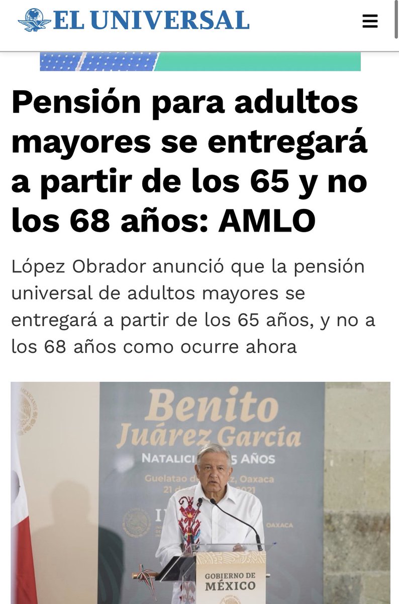 El programa de Adultos mayores ya era a partir de 65 años, llegó AMLO y lo subió a 68, ahora en vísperas electorales propone regresarlos a 65.
Le exijo Presidente que el programa baje a 60 años, pues con su pésima estrategia de salud los adultos mayores ya no pueden esperar más.