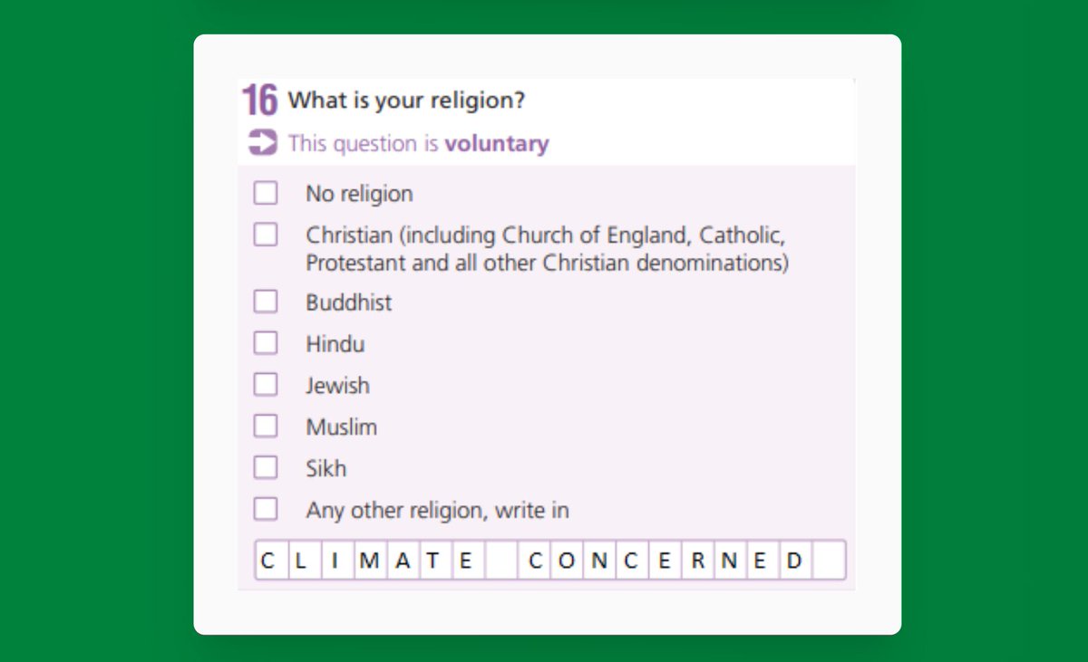 Jon Owen (@anotherjon) on Twitter photo #IamClimateConcerned:
Because I want the UK government to take urgent action on the #ClimateEmergency and get on track towards net zero emissions, I've recorded my religion as #ClimateConcerned on the #Census2021 - a really simple but potentially powerful action.
<a href="/ClimateCensusUk/">ClimateCensusUK</a> #IamClimateConcerned:
Because I want the UK government to take urgent action on the #ClimateEmergency and get on track towards net zero emissions, I've recorded my religion as #ClimateConcerned on the #Census2021 - a really simple but potentially powerful action.
<a href="/ClimateCensusUk/">ClimateCensusUK</a>