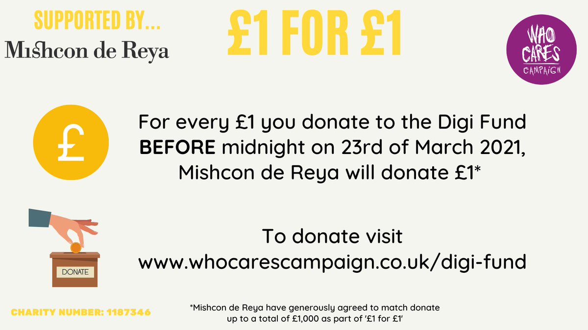 WhoCaresAction's tweet photo. Only 2 days left to get on our fantastic Β£1 for Β£1 deal for the #DigiFund with our patrons @Mishcon_de_Reya. Thank you to everyone who has supported us so far! β€οΈβ€οΈβ€οΈ https://t.co/sDM4MsCux6