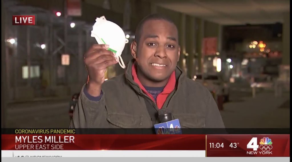 mylesmill's tweet photo. On this day last year, we were one day away from #NYPause. there was not yet a mask mandate, and I remember when I held this mask up during our live report at 11 – I took pains to explain why I had one. Soon enough we’d all bear wearing them. https://t.co/XIEYQzP95t