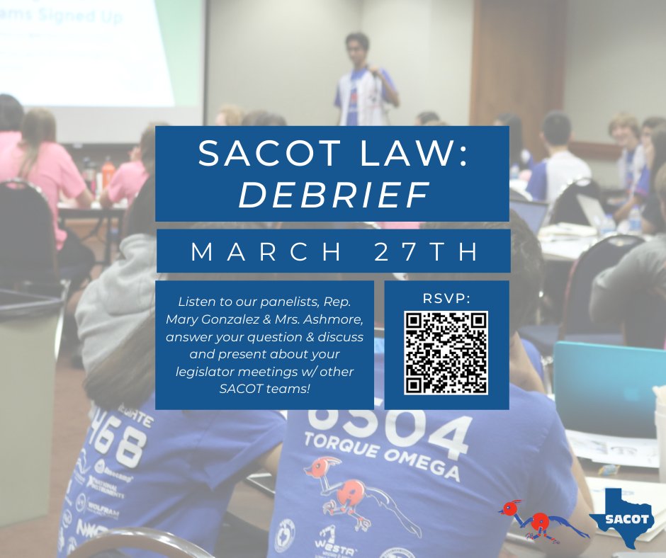SACOTexas's tweet photo. Debrief is in ONE WEEK! Sign up to listen to panelists TX Rep. Mary Gonzalez &amp; Mrs. Ashmore from @firstintexas who will talk about STEM, Advocacy, &amp; @firstofficial, plus answer attendees’ questions! RSVP: https://t.co/WN7WGsdggM &amp; select “Mar. 27th” to attend! https://t.co/GAKgSK7oCq