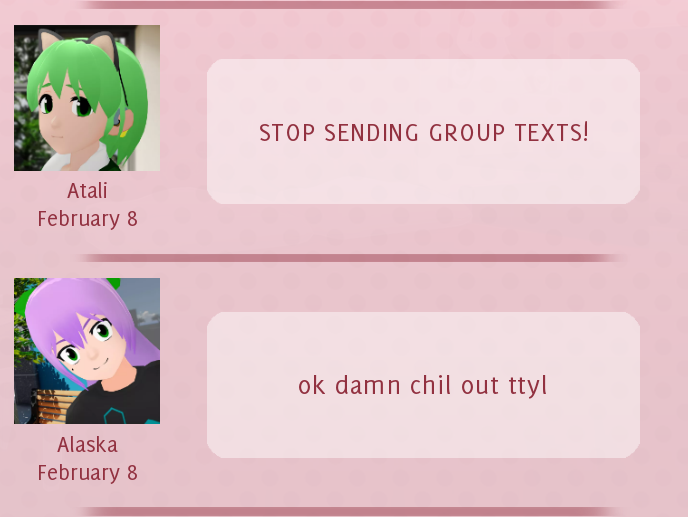 SBDaggerStudio's tweet photo. The text messages in #DestinyFailsUs have some of my favorite moments in the game. 📱💬

This group text where Atali gets angry at Alaska made me laugh when I played through DFU about a month ago.

🍓 https://t.co/ZwHJkbyUGk

| #visualnovel #otomegame #otomearmada | https://t.co/5hIcZX9toa