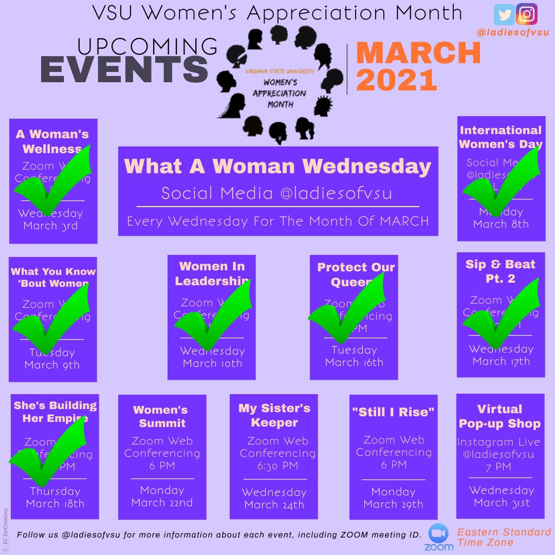 Happy Sunday Everyone! ✨

As we approach the end of  March! There are FOUR MORE amazing events we have planned for you! 💜

Here are our upcoming events🙌🏾

3/22 - Women’s Summit
3/24 - My Sister’s Keeper
3/29 - “Still I Rise”
3/31 - Virtual Pop-Up Shop

#WAM