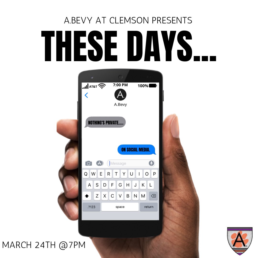 Private or Public? 🤔 
A.Bevy at Clemson presents: ‘These Days’

Nothing is private on Social Media! Join us and our special guests as we talk about how social media affects our day to day lives.