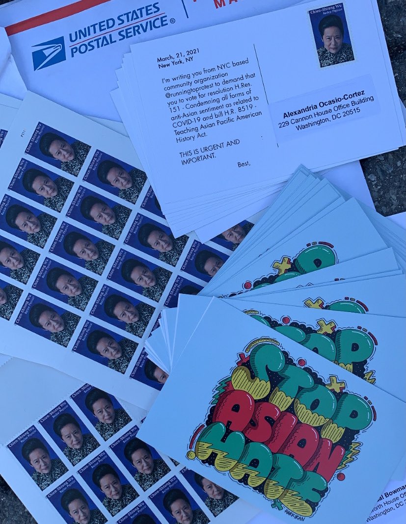 NadiaNeophytou's tweet photo. This month’s #RunningtoProtest run coincided with the day we South Africans commemorate #HumanRightsDay. Apt, since that’s what these runs are ultimately about. We made postcards for people to mail, featuring the fab stamp of Chien-Shiung Wu (@jadabird’s grandma!) #stopasianhate https://t.co/JBEZPI9imd
