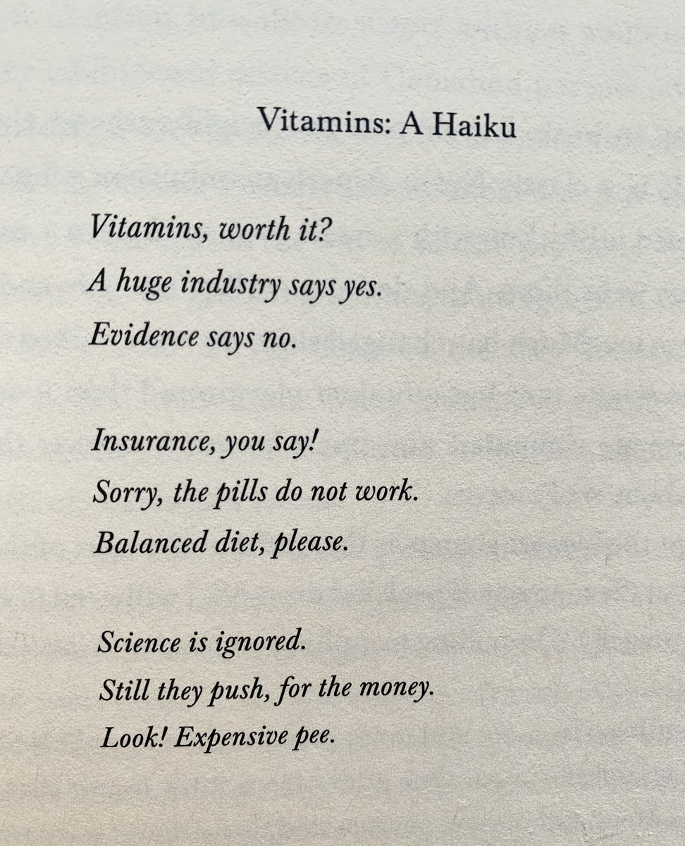 Vitamins: A Haiku

In my new book (🇨🇦penguinrandomhouse.ca/books/588525/r… 🇺🇸 runningpress.com/titles/timothy… 🇬🇧faber.co.uk/books/non-fict…) I tackle the topics of vitamins with one short poem. 

So much ink has been spilled on the issue of vitamin bunk, I thought it best to keep it short.