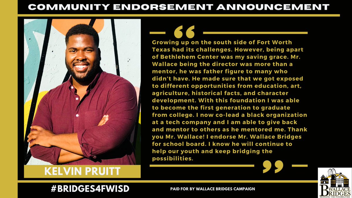 Bridges4FWISD's tweet photo. Honored &amp; humbled to have the support of Mr. Kelvin Pruitt, my former student, for my election for Fort Worth ISD Board of Education District 4. #FWISD #bridges4wisd #FortWorth https://t.co/0JATJiC3VP https://t.co/SM8dzqyonl