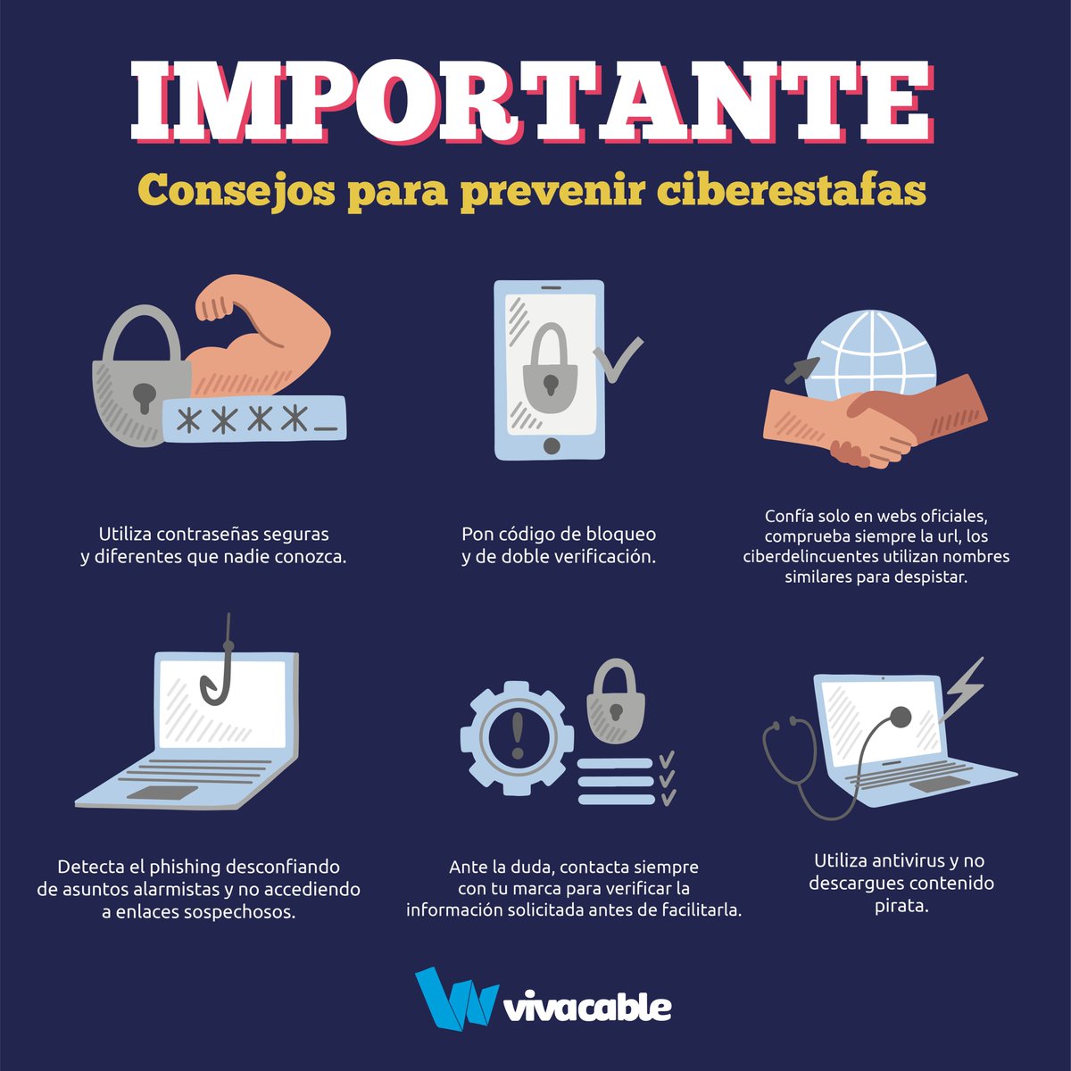 Si has recibido un mensaje de whapsapp de Vivacable solicitando datos bancarios, es FALSO. Se trata de una #ciberestafa ⚠️ Nunca te contactaremos por este medio para solicitarte datos de este tipo ⚠️ Compartimos algunos consejos para prevenir el #phishing