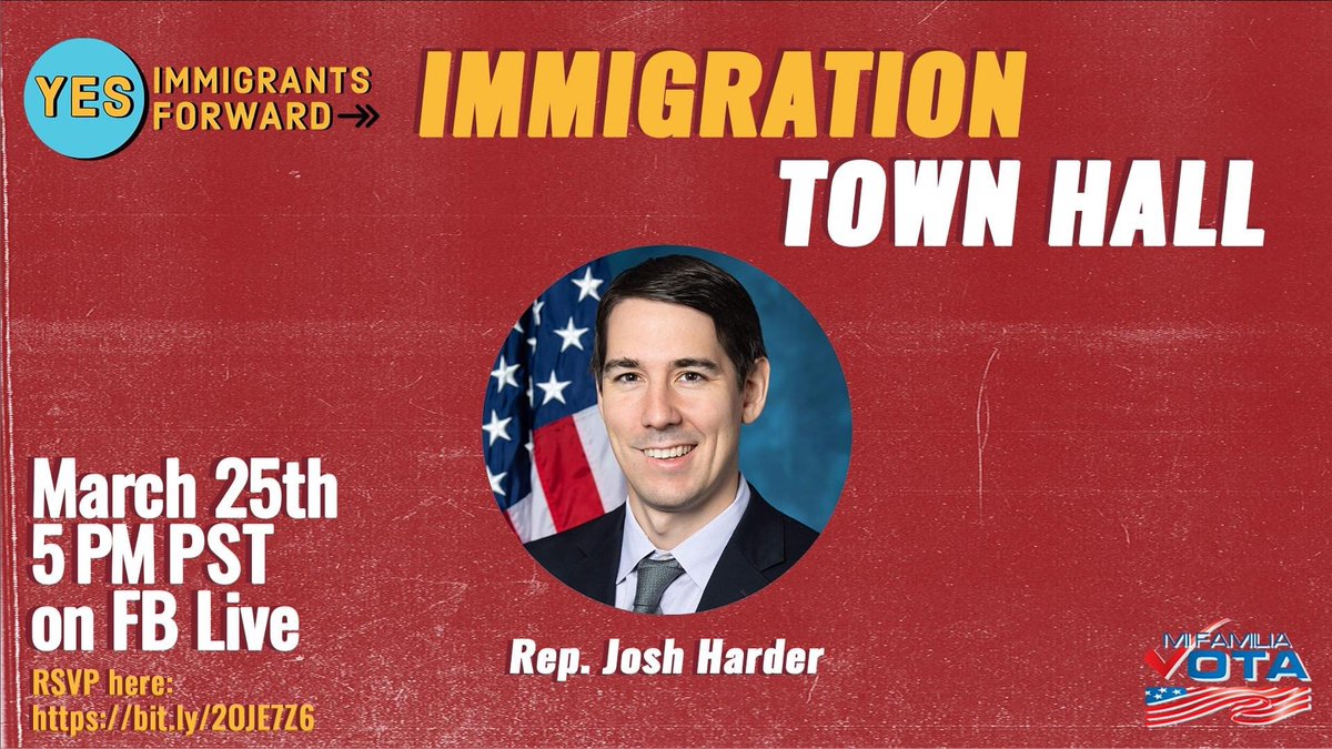 MiFamiliaVota's tweet photo. MFV California & @CHIRLA welcome you to the #YesImmigrantsForward town hall featuring @RepJoshHarder.
We will discuss in-depth bill analysis, and our representative will answer questions in regards to #immigration. #CD10
RSVP here: https://t.co/alRKr6PK1G https://t.co/BAlIx2h12f