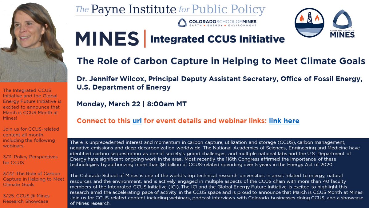 Morgan Bazilian (@mbazilian) on Twitter photo It is CCUS month <a href="/coschoolofmines/">Colorado School of Mines</a>!
The university is one of the finest centers of excellence across carbon capture, utilization, and storage research in the world.
Join us Monday morning for a discussion with <a href="/jwilceclab/">Jennifer Wilcox</a> from <a href="/ENERGY/">U.S. Department of Energy</a>.
payneinstitute.mines.edu/event/the-role… It is CCUS month <a href="/coschoolofmines/">Colorado School of Mines</a>!
The university is one of the finest centers of excellence across carbon capture, utilization, and storage research in the world.
Join us Monday morning for a discussion with <a href="/jwilceclab/">Jennifer Wilcox</a> from <a href="/ENERGY/">U.S. Department of Energy</a>.
payneinstitute.mines.edu/event/the-role…