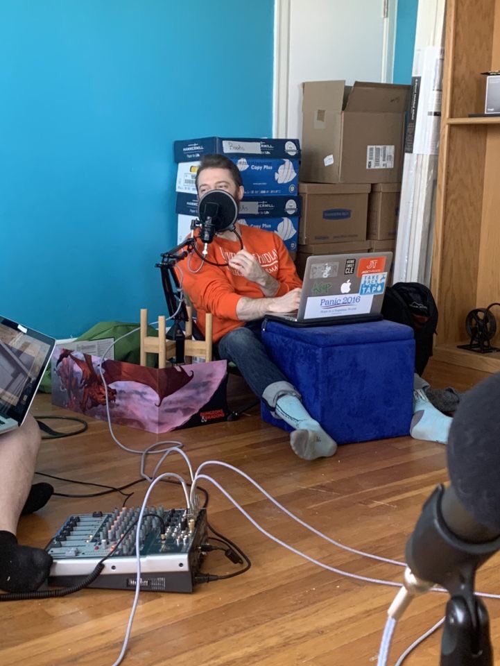 AroundD20's tweet photo. Welcome to session 0 - the DM table is an ottoman. New campaign means new recording space! https://t.co/Y4sCbv0QdC
