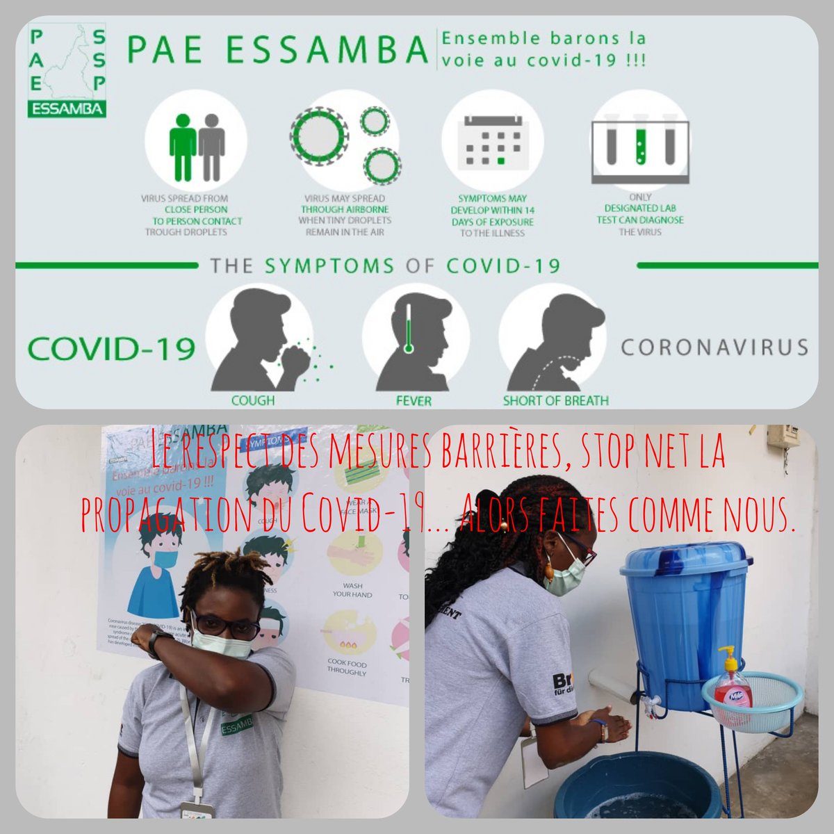 DebeyPamela's tweet photo. Le Corona virus ne passera par le PAE ESSAMBA. Nous protéger c'est protéger les autres. @FeliciteeMarie @KetWandji @SamuelHerv3 @DieudonneChefor #StopCovid19 https://t.co/JrEGvTEfkk