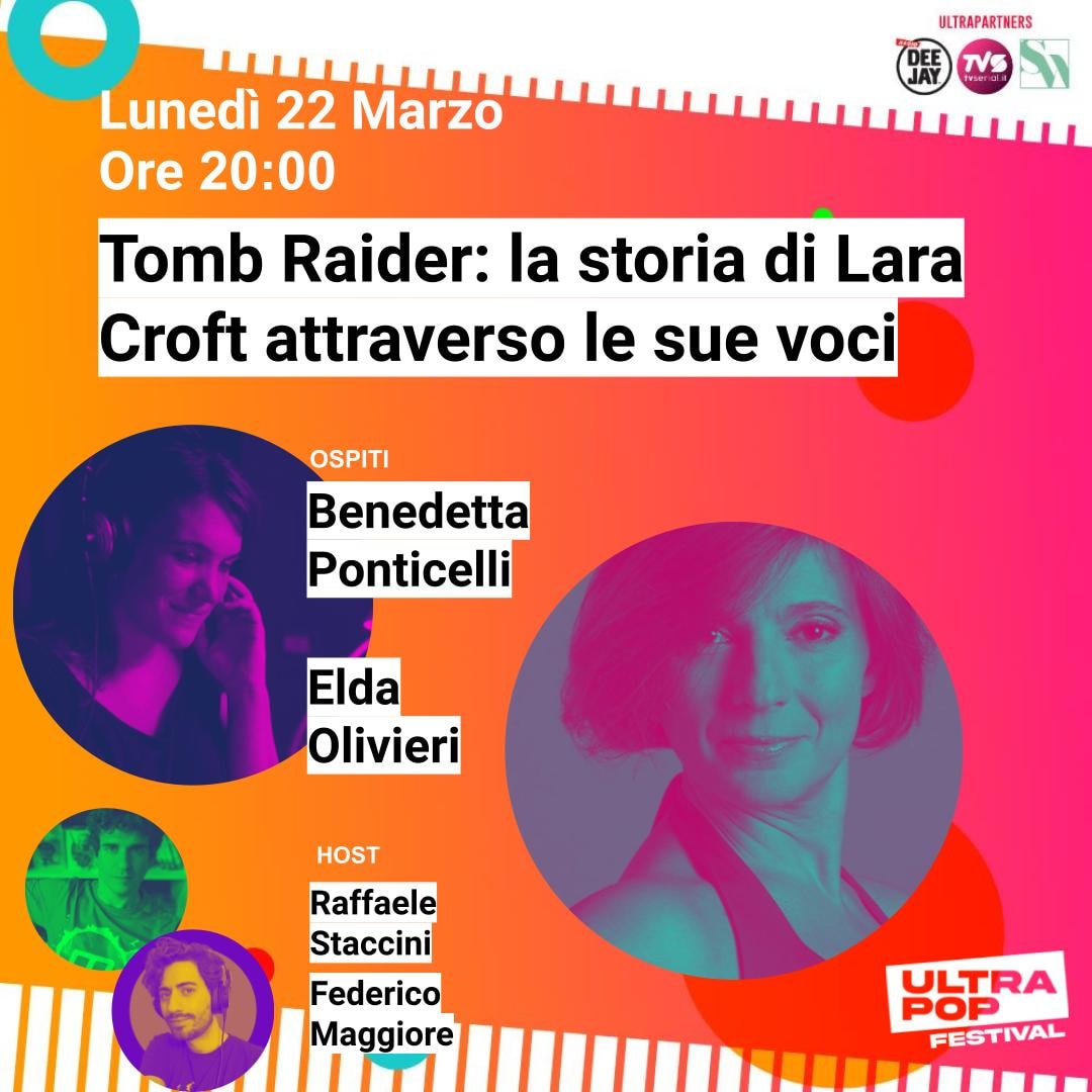 Elda Olivieri e Bendetta Ponticelli domani insieme per parlare di Tomb Raider. Sul canale Twitch di  @Ultrapopfestival alle 20:00. Canale: twitch.tv/ultrapopfestiv…

#TombRaider25 #TombRaider #LaraCroft #EldaOlivieri #BenedettaPonticelli #voiceover #doppiaggio