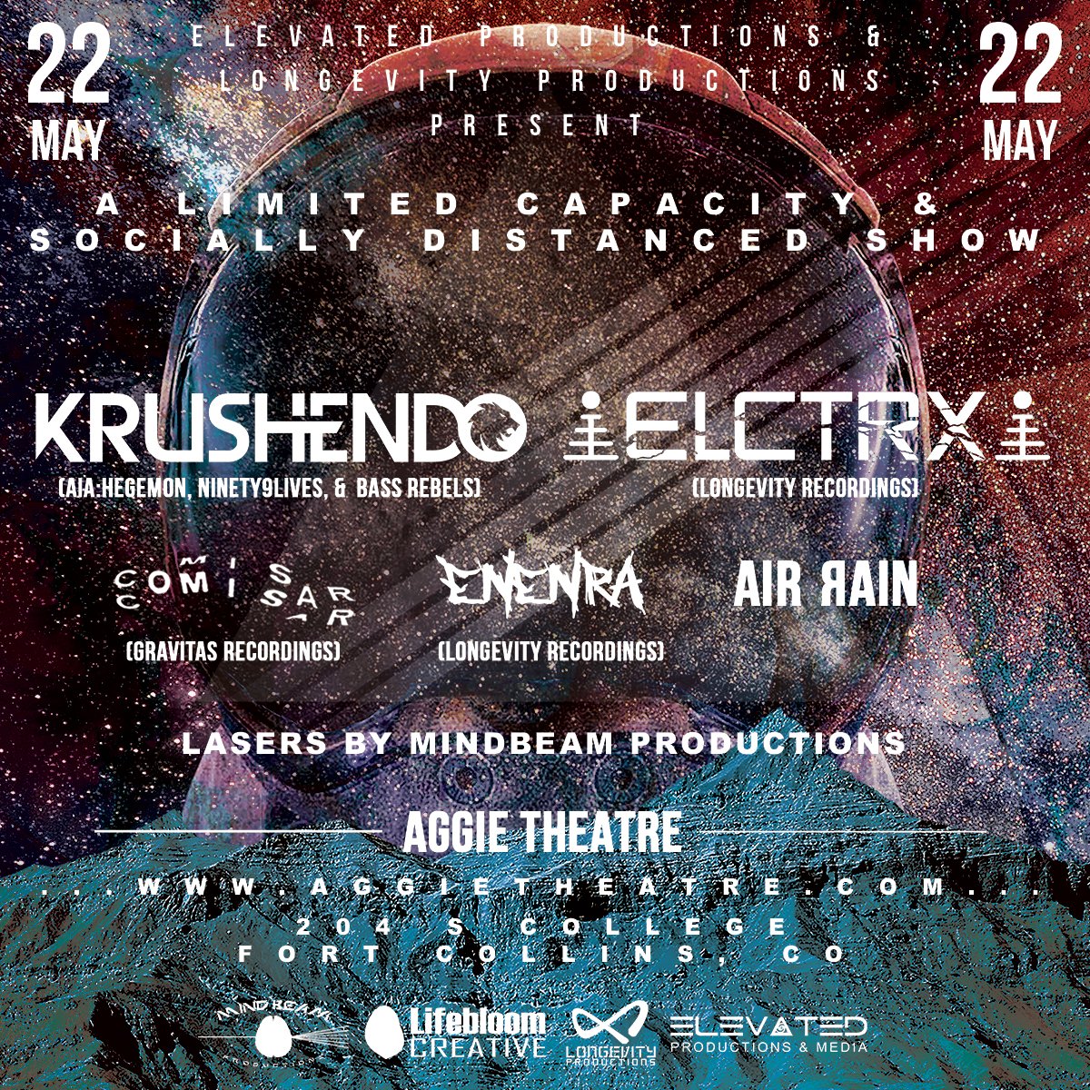 Aggie_Theatre's tweet image. Coming up at the @Aggie_Theatre!

#ElevatedProductions &amp;amp; #LongevityProductions Present @krushendo &amp;amp; @ELCTRXmusic with #Comisar, #Enenra &amp;amp; #AirRain on Saturday, May 22nd.

A Socially-Distanced Event
Lasers by #MindbeamProductions
Tickets (21+): bit.ly/3c9v2Sy