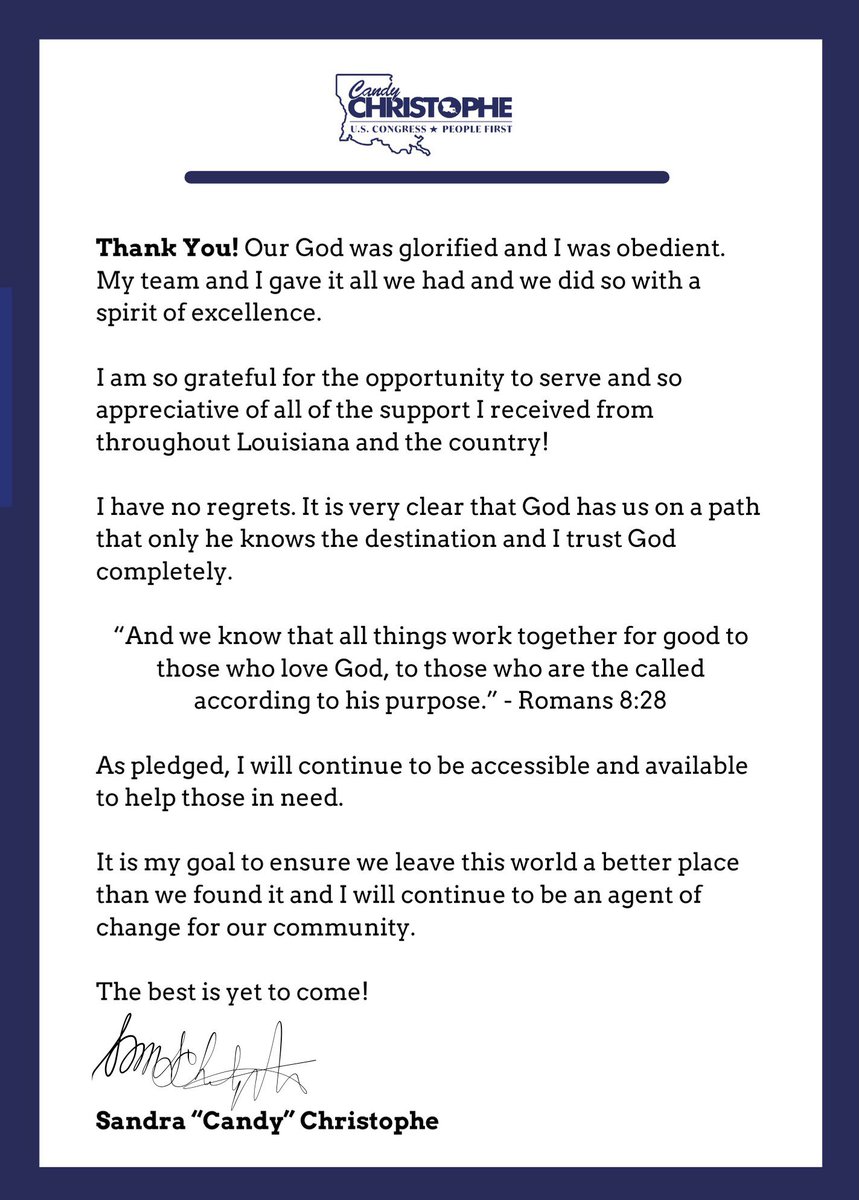 ChristopheCandy's tweet photo. Thank you to everyone, across Louisiana and the nation, who supported our historic effort to flip Louisiana’s 5th Congressional District.

The best is yet to come! https://t.co/GmnsZaFE1M