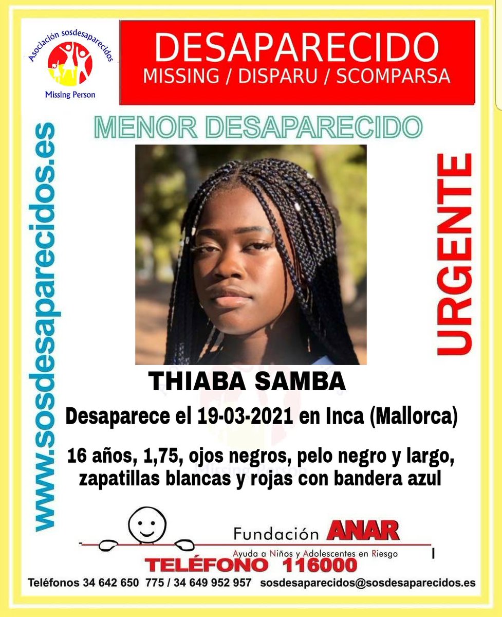 guardiacivil's tweet photo. 🆘#MUYURGENTE⚠️ 

Esta es Thiaba, una #menor que ha #desaparecido en Inca #Mallorca

Si la has visto llámanos
 ☎062
 ☎112 

Tu RT no cuesta nada y puede ayudarla https://t.co/iGTtygWNDV