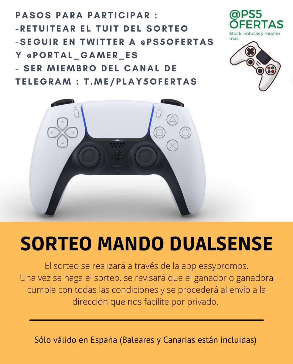 💥SORTEO DE 1 MANDO DUALSENSE💥
Cómo Participar:
🎮 RT a este Tuit
🎮 Seguir <a href="/ps5ofertas/">Ps5ofertas</a> y @Portal_Gamer_es
🎮 Ser miembro del canal de Telegram:
t.me/play5ofertas

El sorteo finaliza el miércoles 24 de Marzo a las 20:00.
10 minutos después se publicará el resultado #PS5