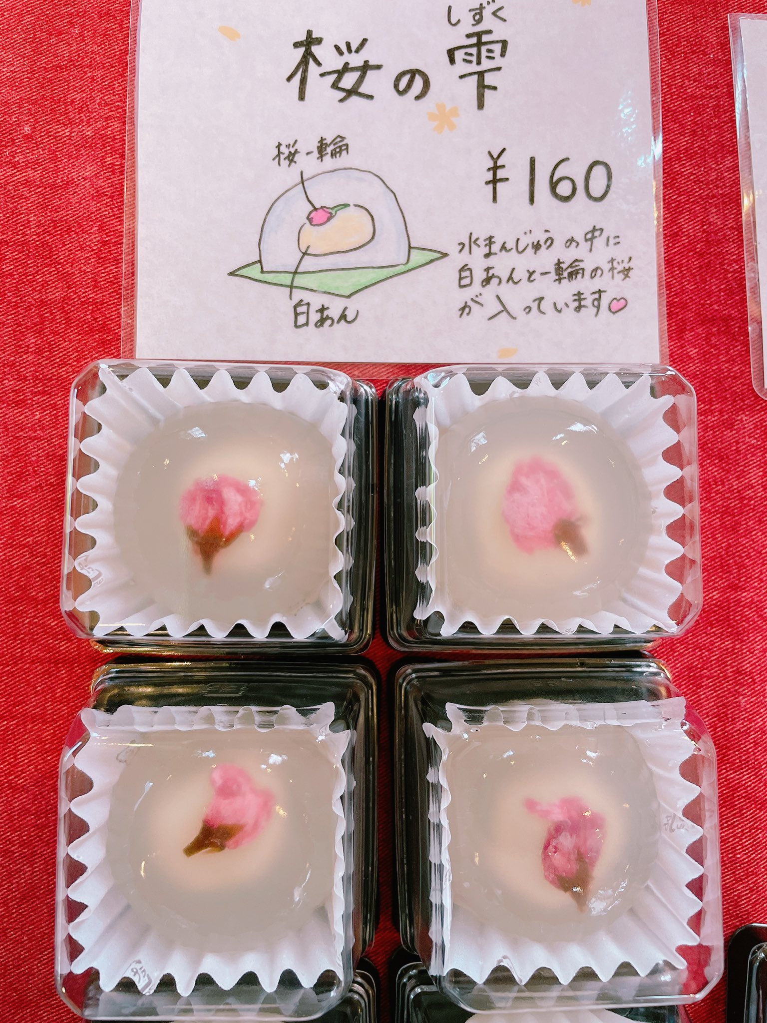 菓処桜いろ 堀川沿いの桜も九反田側は 満開の木もあります 本日より販売スタート 桜の雫 一個 160円 税込 白餡と桜の花が一輪入っています つるんっとした喉ごしの良い水まんじゅうです 火曜日は定休日です 高知県 和菓子屋 和菓子
