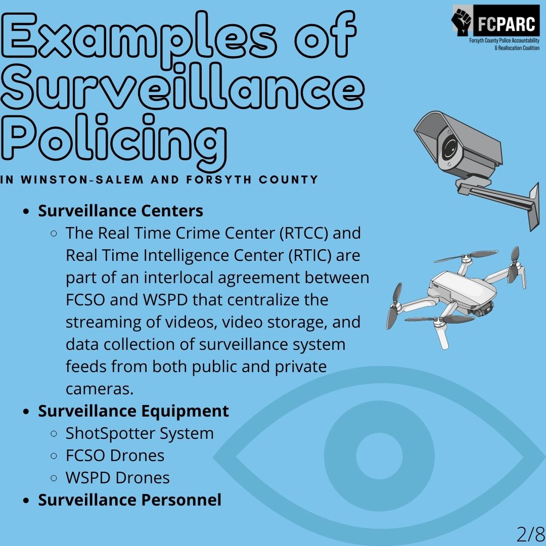 TriadAbolition's tweet photo. FCPARC's Why Surveillance is Still Policing (Part 1). #WSNC Folx, call your local city &amp; county reps to demand they divest from WSPD &amp; FCSO surveillance equipment and subsequent PR campaigns! #WeKeepUsSafe https://t.co/dZkLf2zQeB
