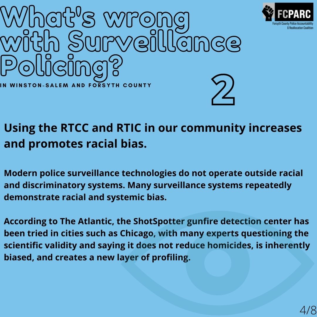 TriadAbolition's tweet photo. FCPARC's Why Surveillance is Still Policing (Part 1). #WSNC Folx, call your local city &amp; county reps to demand they divest from WSPD &amp; FCSO surveillance equipment and subsequent PR campaigns! #WeKeepUsSafe https://t.co/dZkLf2zQeB