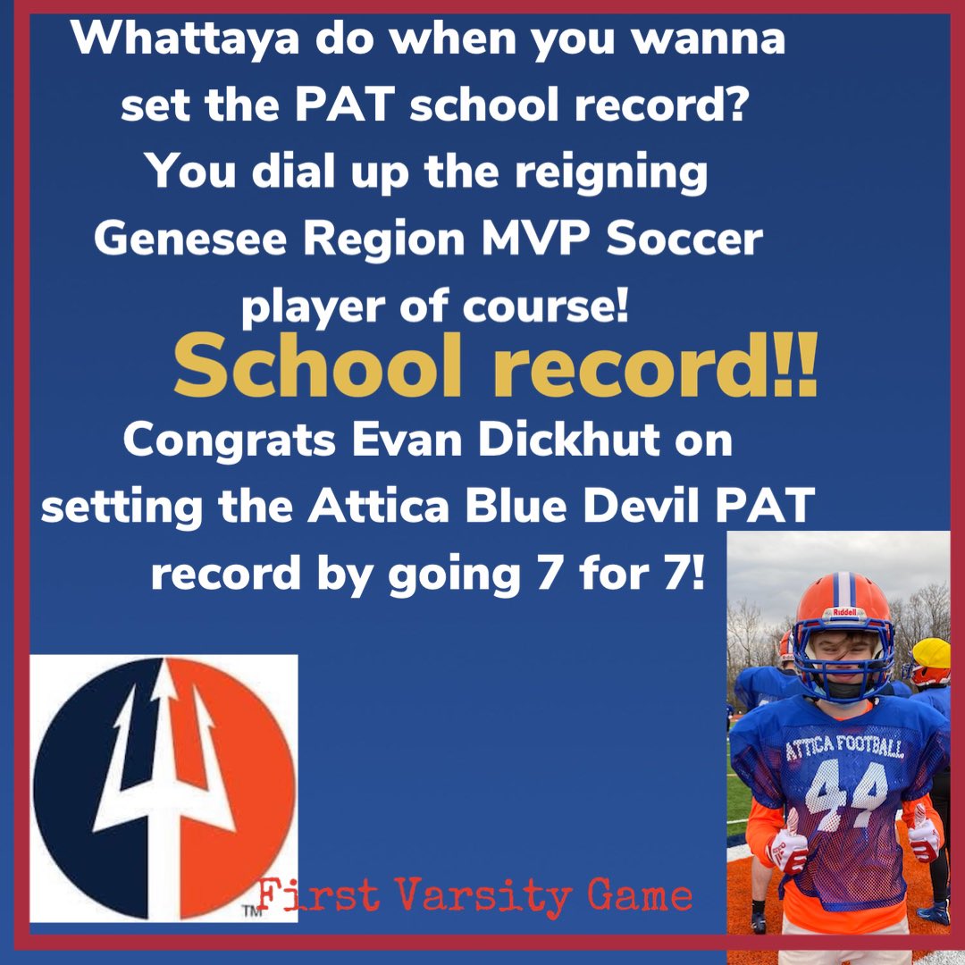 atticafootball's tweet photo. Congrats Evan Dickhut @iam_edxiii13 on a new school record in his first Varsity game!  More to come. @AtticaSoccer @AtticaAthletics @Coach_Sabatino @JohnDickhut @CusmanoJeff @chuckjohnson82 @SecVFootball @AlexBraskyBDN 
@zachstrzelec @lucasjohnson72 
#THUMP! 😉 https://t.co/qPe2vTBzm4