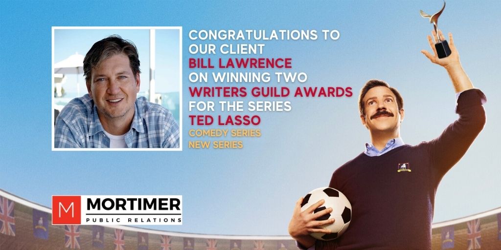 mortimer_pr's tweet photo. Congrats to Bill Lawrence &amp; the entire TED LASSO team on winning 2 Writers Guild Awards - Best New Series &amp; Best Comedy Series! @WGAWest @TedLasso 
#TedLasso #BillLawrence #DoozerProductions 
#AppleTVPlus #WBTV #JasonSudeikis 
#WritersGuildAwards #BestNewSeries #BestComedySeries https://t.co/WUJYvq0Bqo