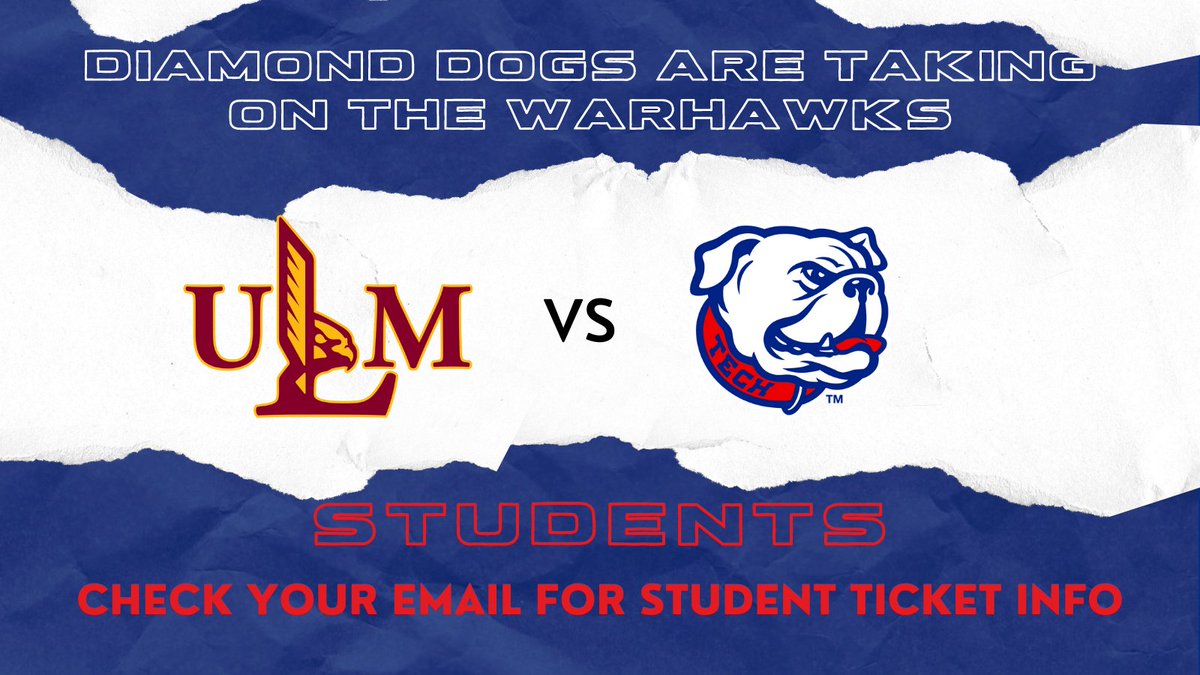 You know the drill by now... 

Students! Check your 📧 for info about student tickets for <a href="/LATechBSB/">Diamond Dogs</a> 's game against ULM! 

📅 Tuesday, March 23
⏰ 6:00 p.m.