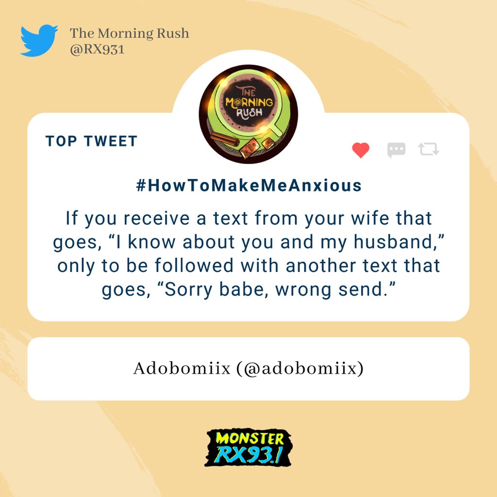 RX931's tweet photo. #HowToMakeMeAnxious from @adobomiix
#TheMorningRush https://t.co/DuyF7K4qsv