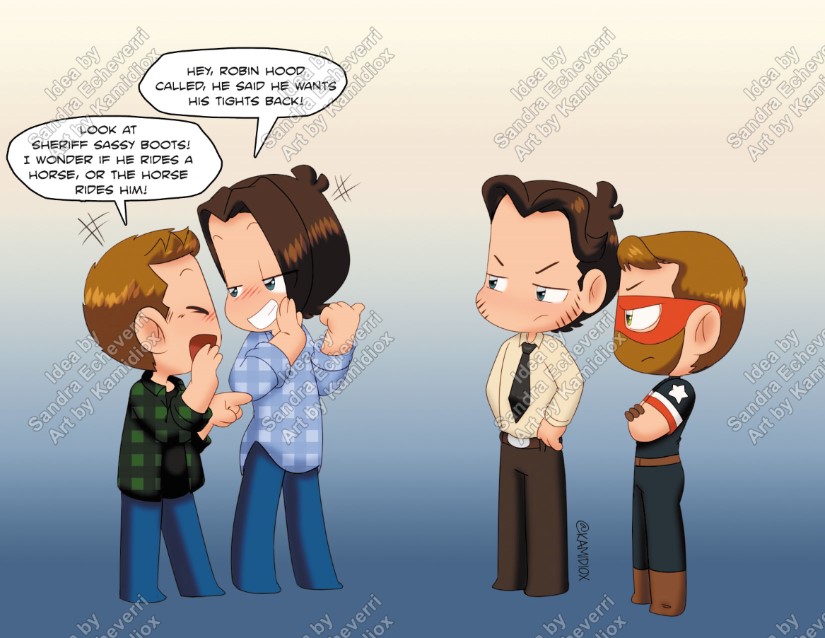 Kamidiox's tweet photo. What would the #Winchesters say if they meet #Walker and #SoldierBoy? Well, @Sanpao19 thinks it would be something like this:
#PaidCommission #CommissionsAlwaysOpen https://t.co/UMtQB1Qvfv