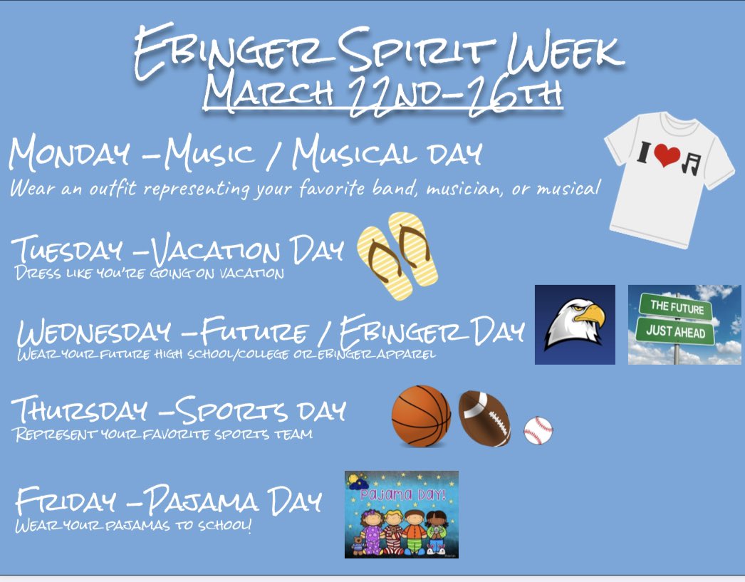 EbingerSchool's tweet photo. Don’t forget to show your school spirit this week! #EbingerStrong #WeGotThis https://t.co/WxNMGL67MD