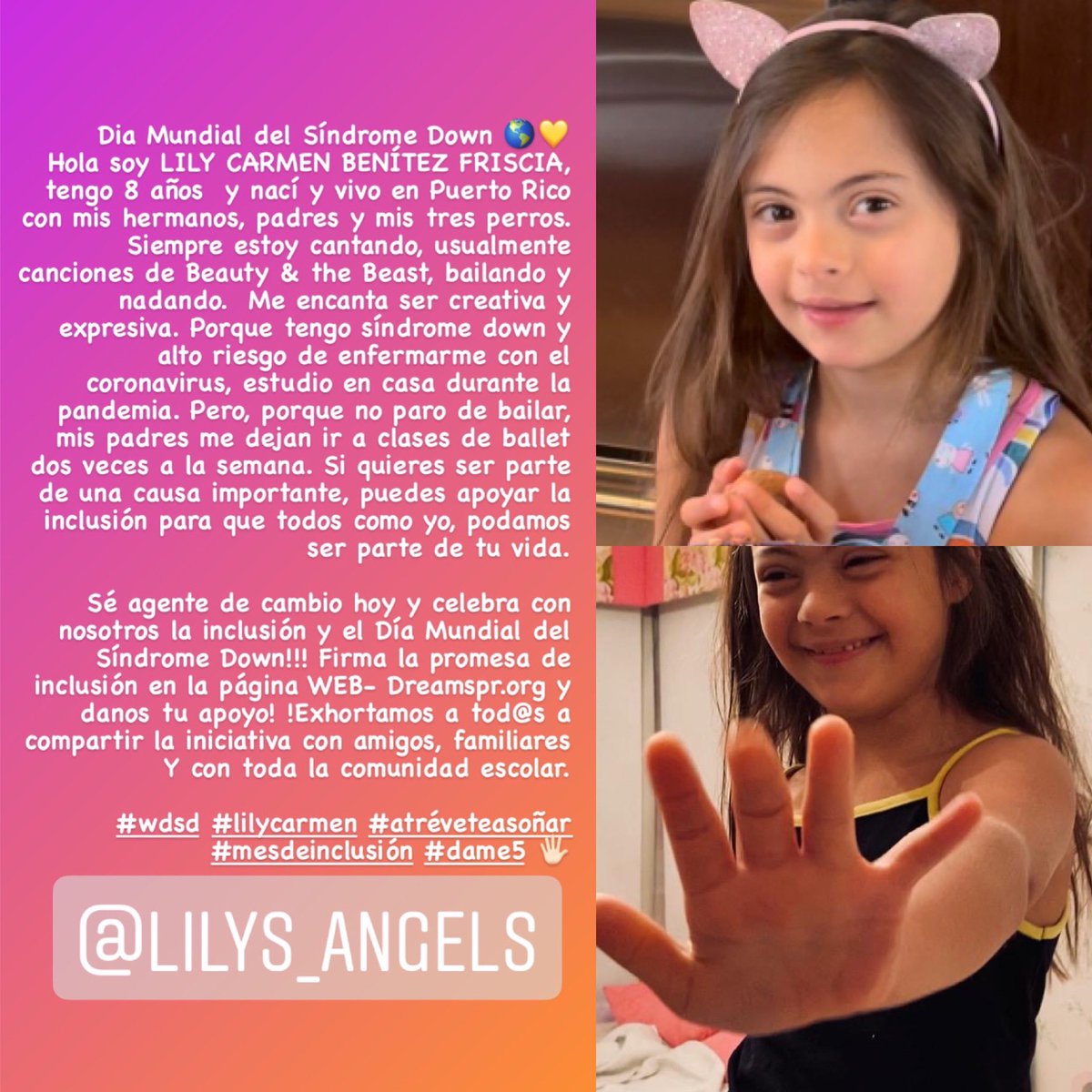 CEDDPR's tweet photo. Hola soy LILY CARMEN BENÍTEZ FRISCIA, tengo 8 años, vivo en Puerto Rico con mis hermanos, padres y mis tres perros. Siempre estoy cantando canciones de Beauty &amp; the Beast, bailando y nadando. Soy creativa y expresiva. Estudio en mi casa para no enfermarme #wdsd @LilysAngels https://t.co/We5wHO07iu