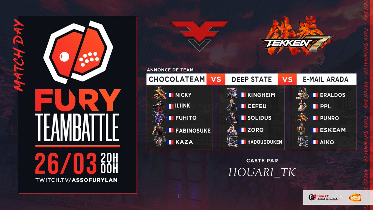 FuryVS_'s tweet photo. @BelevateStudio @FightSessions @spartansdotgg @matcherino_ IT'S TIME ‼️ FOR THE MAIN EVENT OF THE DAY ‼️ S2
With @Houari_Tk  🎙️

🥊 Take a seat around the #octagon for the 5th #TeamBattle #FuryShowmatch of Season 2 🛑

📅 January 29th Friday
🕗 From 8pm
📺 https://t.co/DNoJk9bxih

#Tekken7 @Tekken_France @BandaiNamcoFR @Harada_TEKKEN https://t.co/zFeX494Kkg