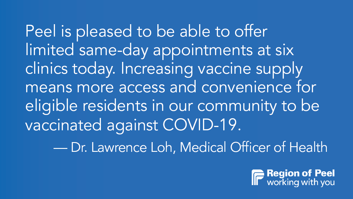 regionofpeel's tweet photo. A limited number of same-day vaccine appointments for residents 75+ are available at 6 clinics today. 

Eligible residents can book appointments through the Provincial website while those without internet access can call 905-791-5202 after 8am. 

🔗 - https://t.co/pYf82diCh8 https://t.co/99MKP33Cvq