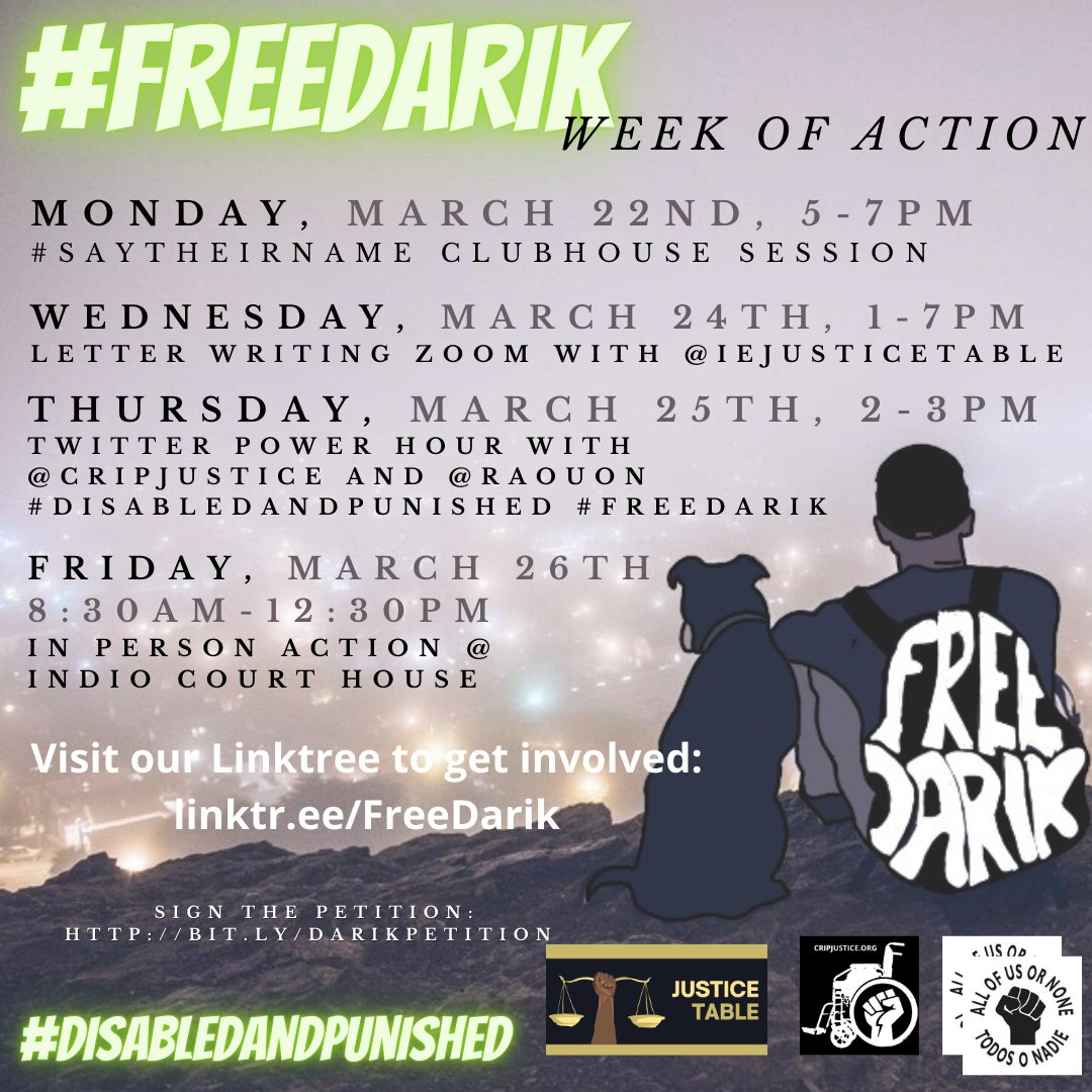 #FreeDarik week of action this week.  #DisabledandPunished.  Visit linktree for more info:  linktr.ee/FreeDarik  Co-sponsored with <a href="/RAOUON/">Riverside Chapter of All of Us or None</a> and <a href="/iejusticetable/">Justice Table</a>