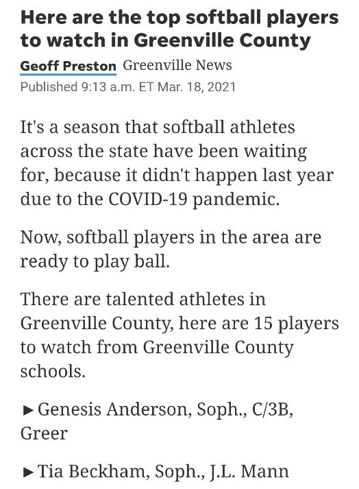 tiabeckham2023's tweet photo. Thankful for the recognition 🙏🏽 #Eight6Four #Beckham #Motivation @EliteFusetti @FloSoftball @JLMannHigh @GreenvilleNews https://t.co/RWQrYe39V7