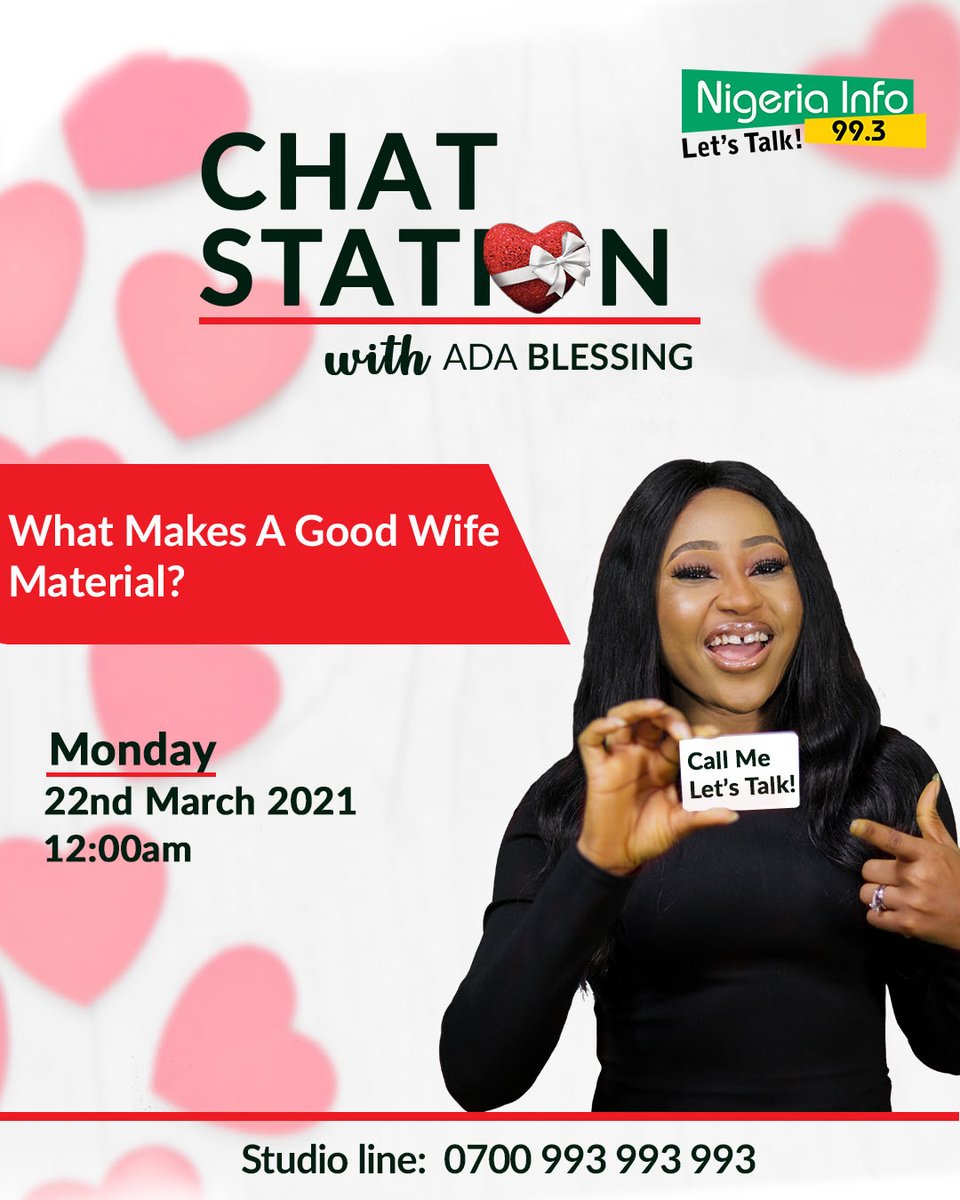 NigeriainfoFM's tweet image. On the Chat Station tonight, @ada_blezy asks:

What are the parameters used to determine a wife material?

Should money be used to know who a wife material is?

What makes a good wife material? 

#NigeriainfoHF

☎️ 0700993993993
☎️ 01 4657190 (Female Only)